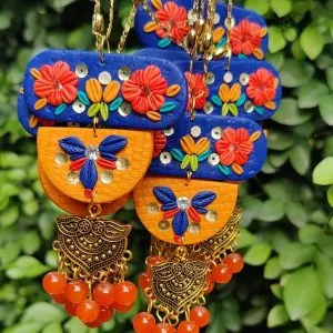 3-Tier Floral Ethnic Style Fusion Embellished Necklace in Blue, Mustard and Orange