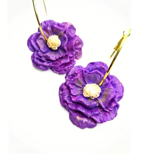 Handmade Golden Hoop Earrings in Purple Flower