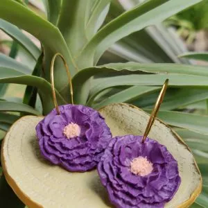 Handmade Golden Hoop Earrings in Purple Flower