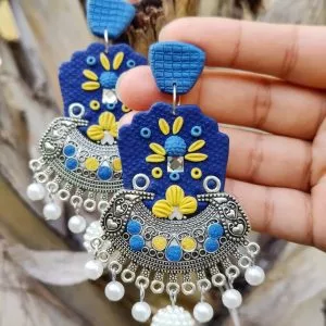 Chunky Beaded Fusion Jhumkas in Blue Color