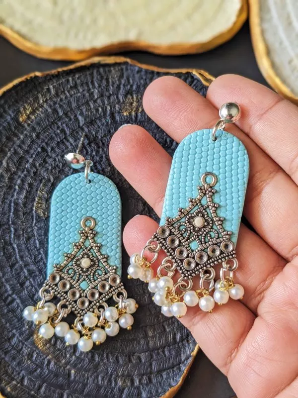 Pastel Fusion Indian Jhumka Earrings in Pastel Blue with small Pearls