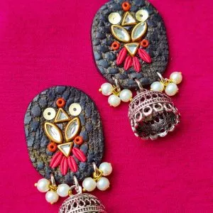 Oval-Shaped Pearl Jhumka Earrings in Black and Pink