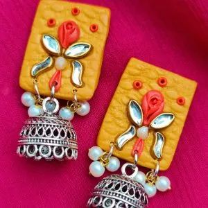 Square Shaped Pink Rosette Jhumka Earrings in Mustard Yellow