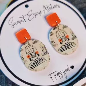 Imprinted Girl with a Bun Earrings in Orange and White