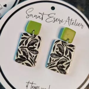 Imprinted Twin Pigeons Modern Earrings in Green and Black