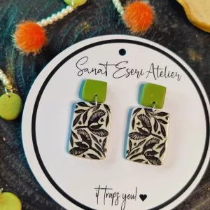 Imprinted Twin Pigeons Modern Earrings in Green and Black